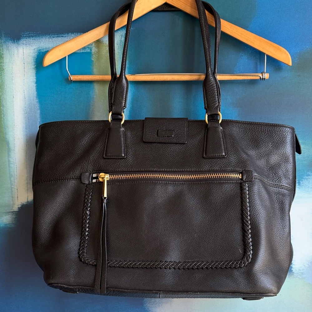 Cole Haan Black Leather Braided Trim Tote with Front Zip Pocket
